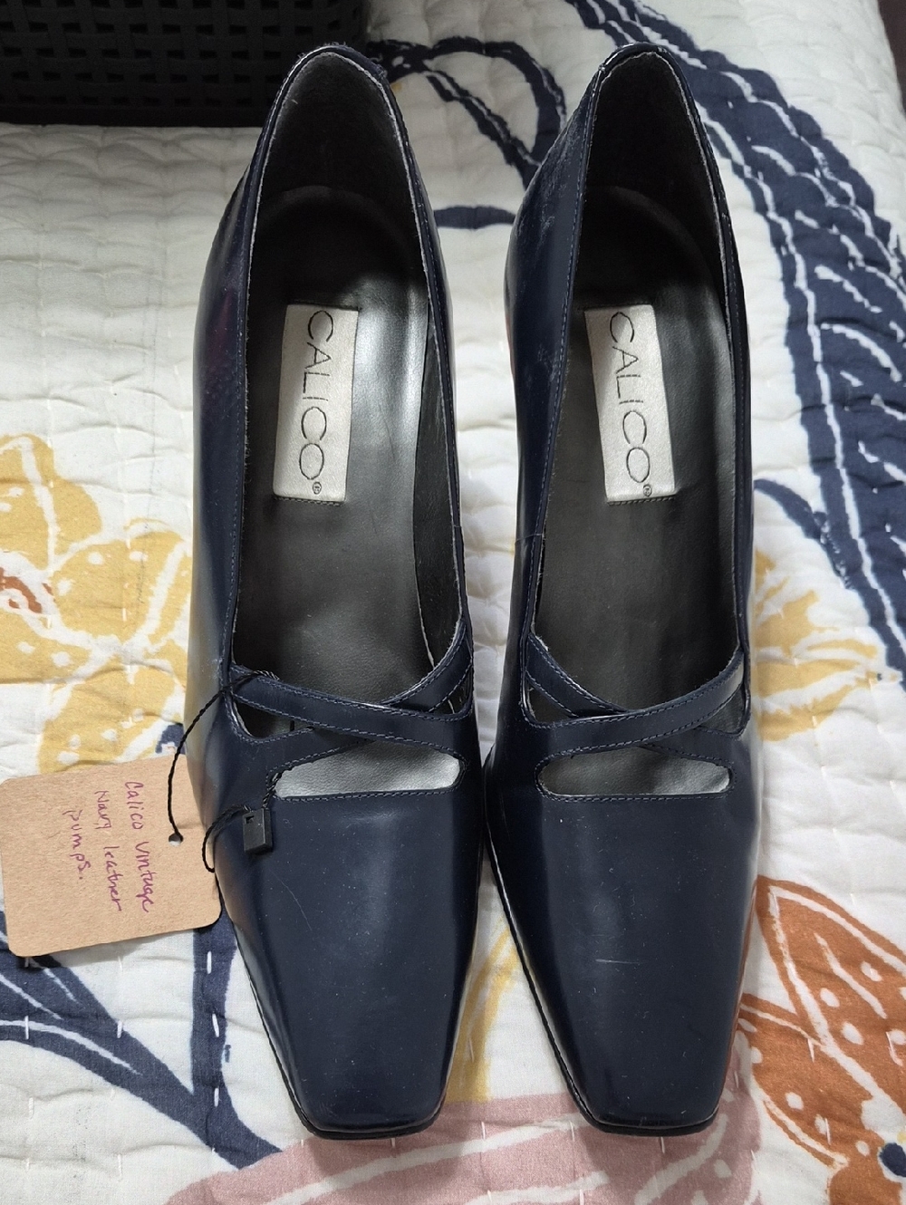 Calico Navy Leather Square-Toe Heels